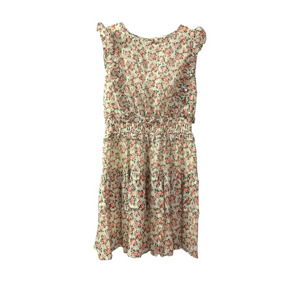 STORIA Ruffle Layer Ditzy Floral Mini Dress Pink White Medium Sleeveless Party